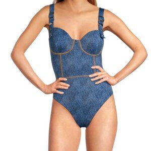 Buckle Strap Corset One Piece Bathing Suite Swim Suit in Dark Wash Denim NWT